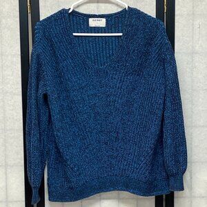 Old Navy Knit V-Neck Sweater Marled Blue Black M Long Sleeve Angled Front